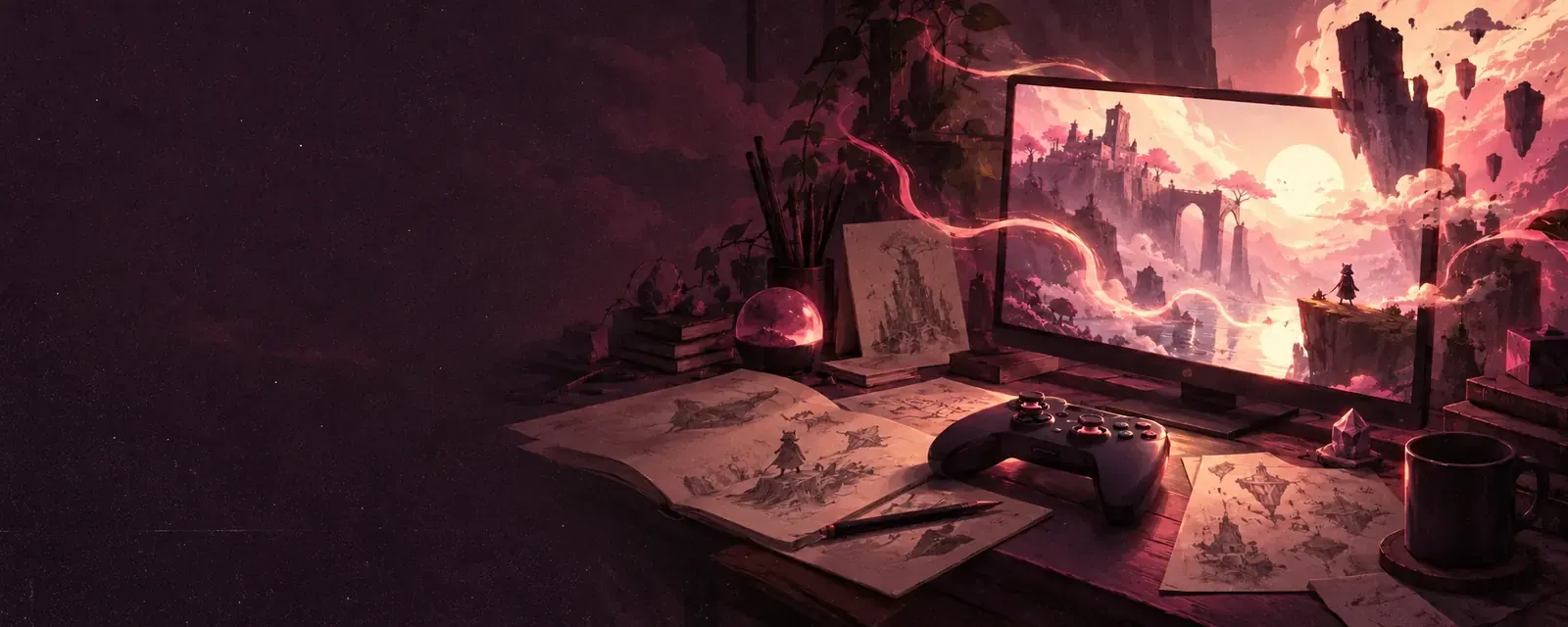 Ilustración de un escritorio de desarrollo con bocetos, control y un videojuego en pantalla